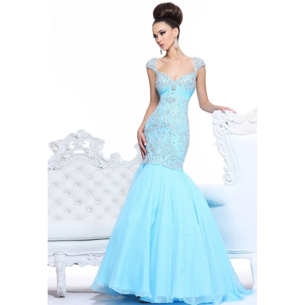 💎Luxurious Baby Blue Chiffon Evening Beaded Runway Embroidery Party Gown Dress